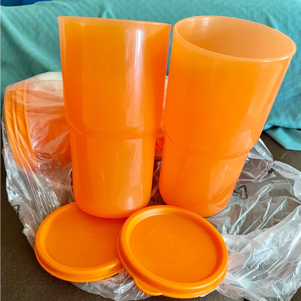 Tupperware Orange Tumblers with Lids